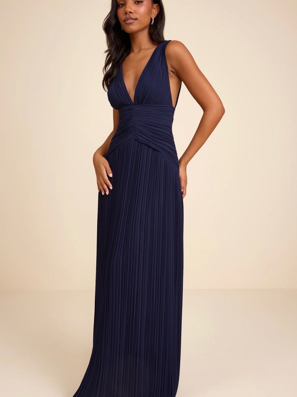 Lulu's Navy Plunging V-Neck Pleated Maxi Dress